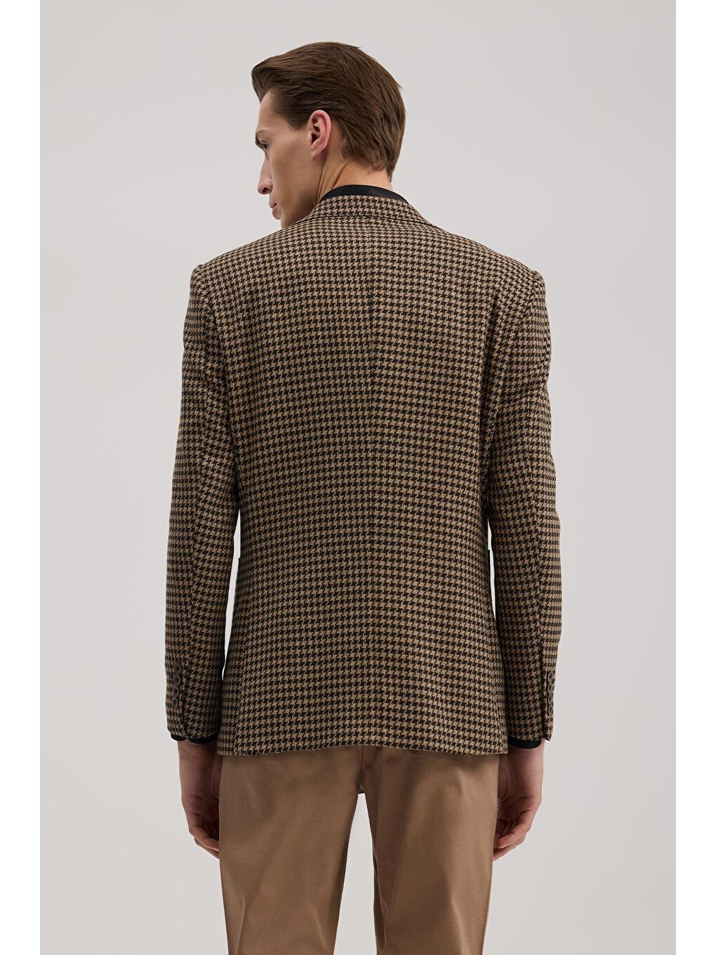 Kahverengi Kahve Slim Fit Mono Yaka Kazayağı Desenli Ceket-3