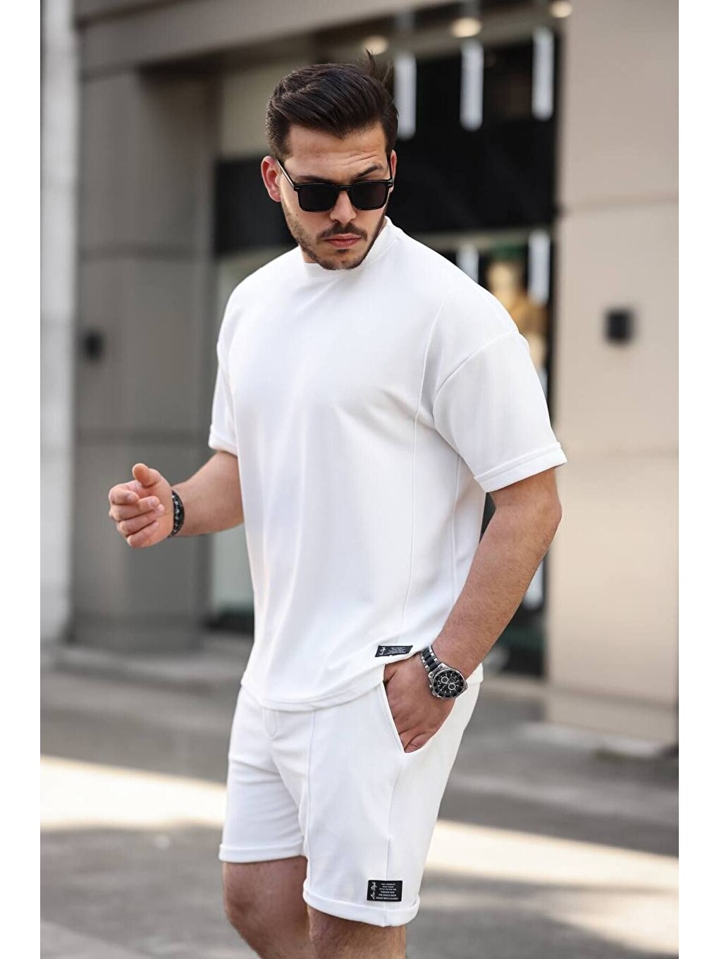 Erkek Alt Üst Oversize Tişört Basic Şort Beyaz Ikili Takım-1