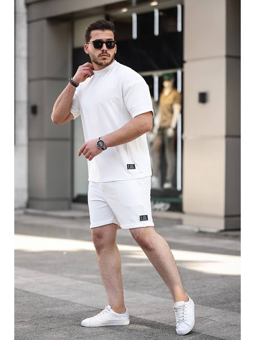 Erkek Alt Üst Oversize Tişört Basic Şort Beyaz Ikili Takım-2