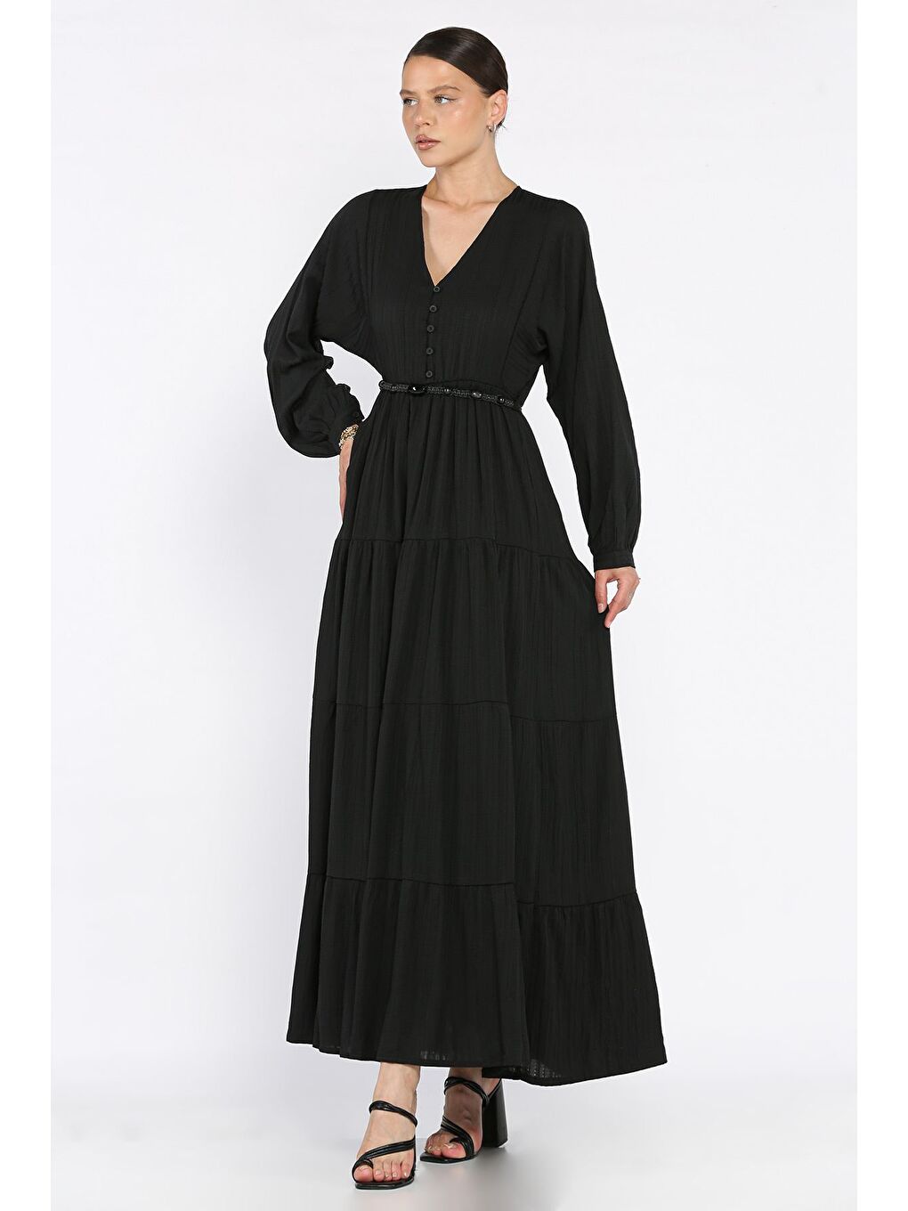 Siyah V Yaka Bel Lastikli Kemerli Kadın Elbise-1