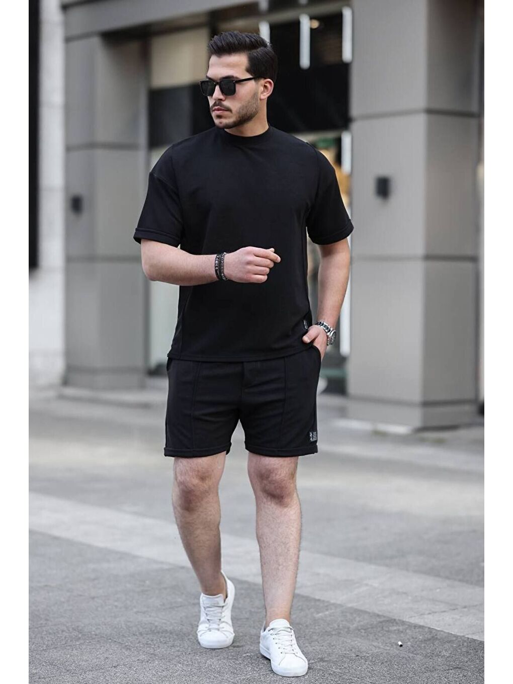 Erkek Alt Üst Oversize Tişört Basic Şort Siyah Ikili Takım