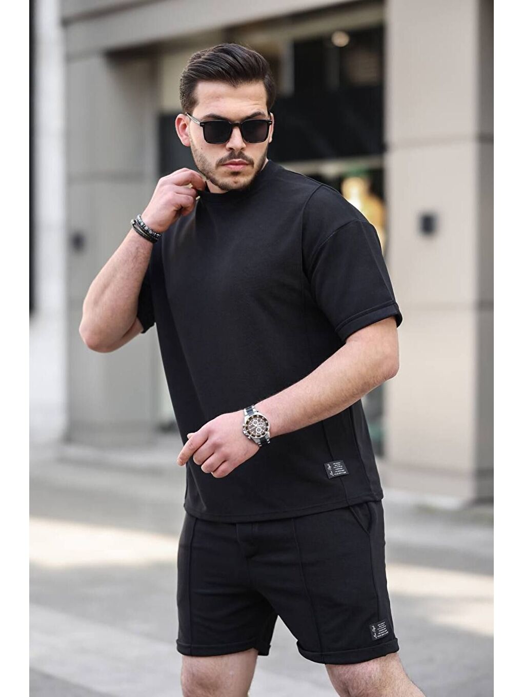 Erkek Alt Üst Oversize Tişört Basic Şort Siyah Ikili Takım-1