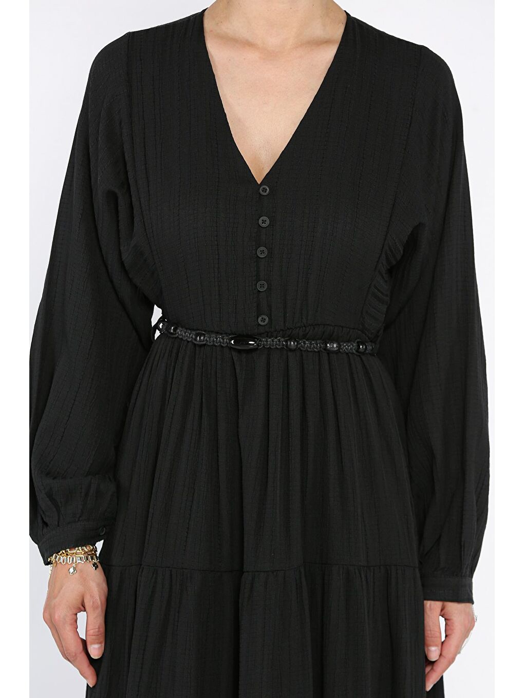 Siyah V Yaka Bel Lastikli Kemerli Kadın Elbise-3