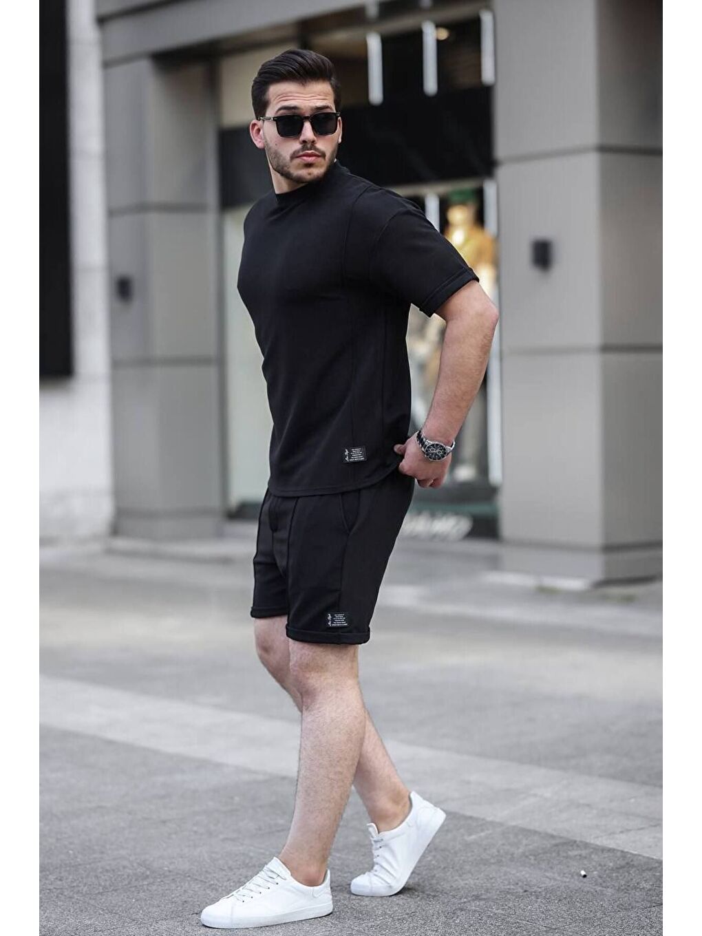 Erkek Alt Üst Oversize Tişört Basic Şort Siyah Ikili Takım-2