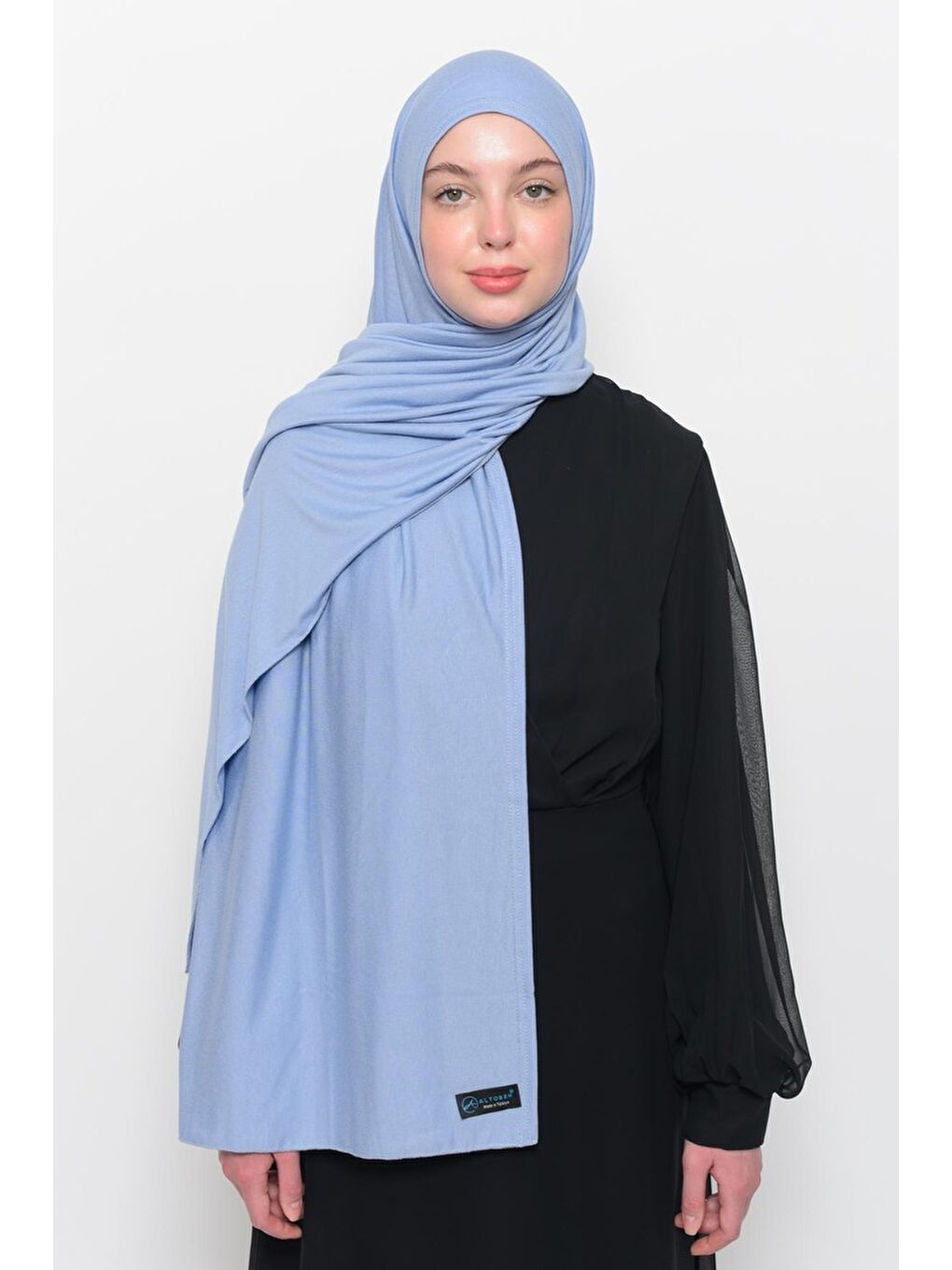 Mavi Hazır Pratik Geçmeli Lüks Organik Düz Penye Şal Eşit Hizalı-3