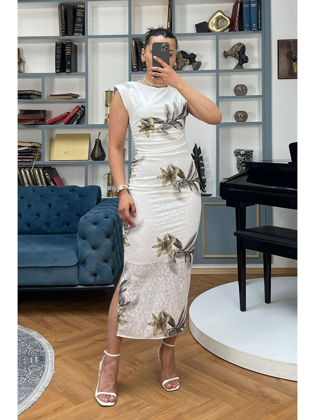 Yeşil Desenli Midi Boy Kadın Elbise Mg2464-5