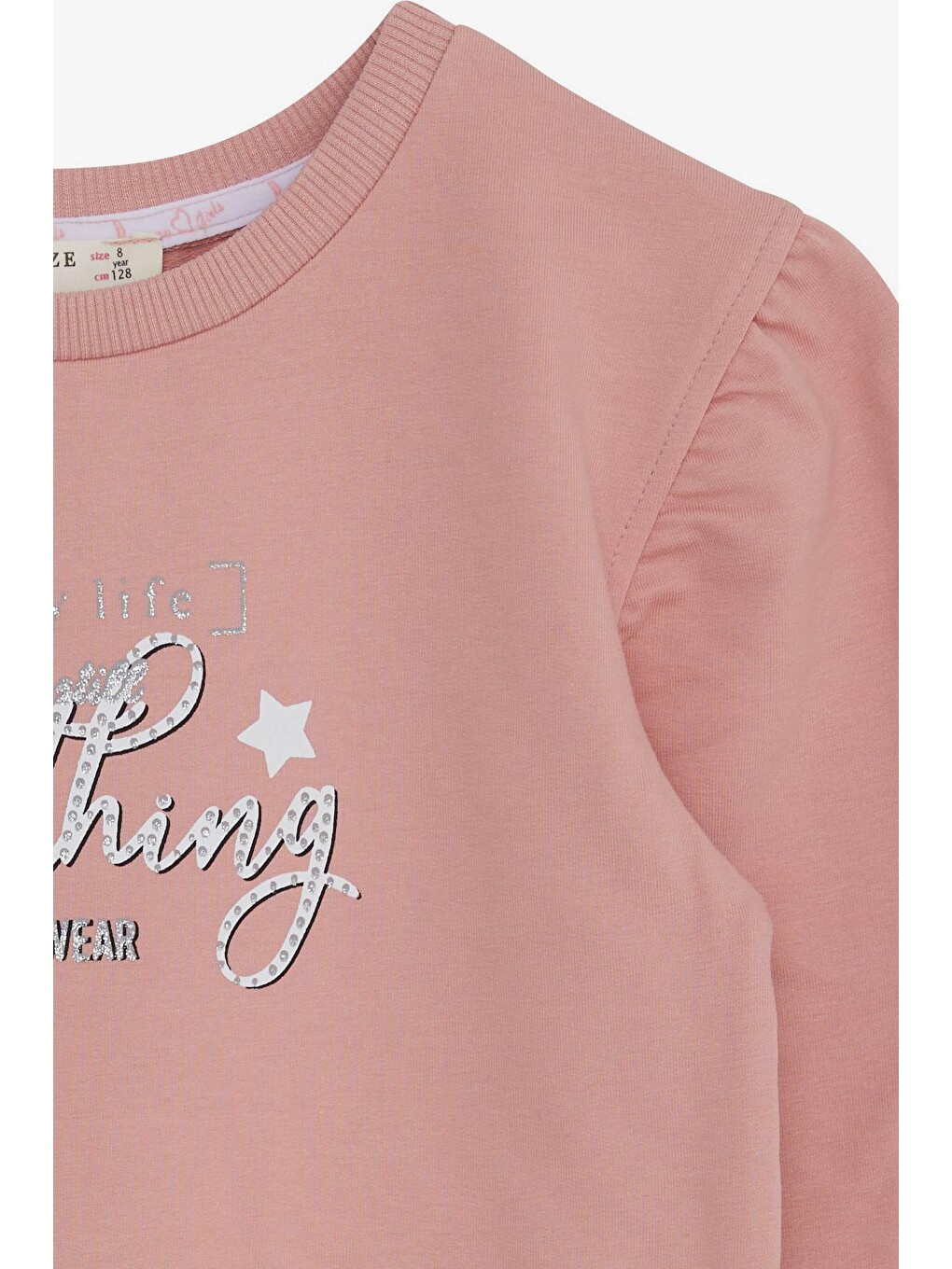Pembe Kız Çocuk Sweatshirt Simli Yazı Baskılı Gülkurusu (14 Yaş)-2