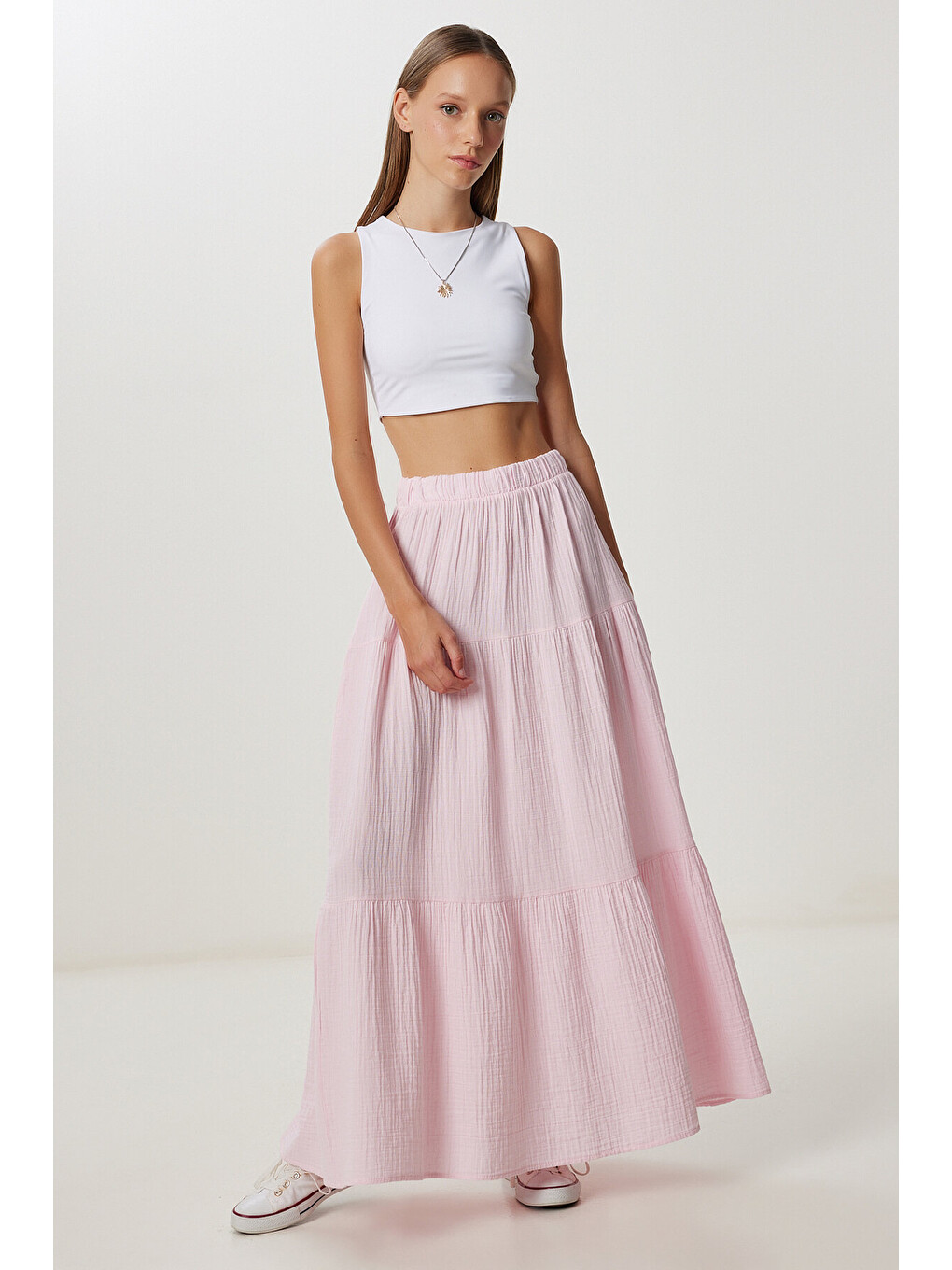Pembe Volanlı Yazlık Keten Etek ŞEKER PEMBE LKT0005-1