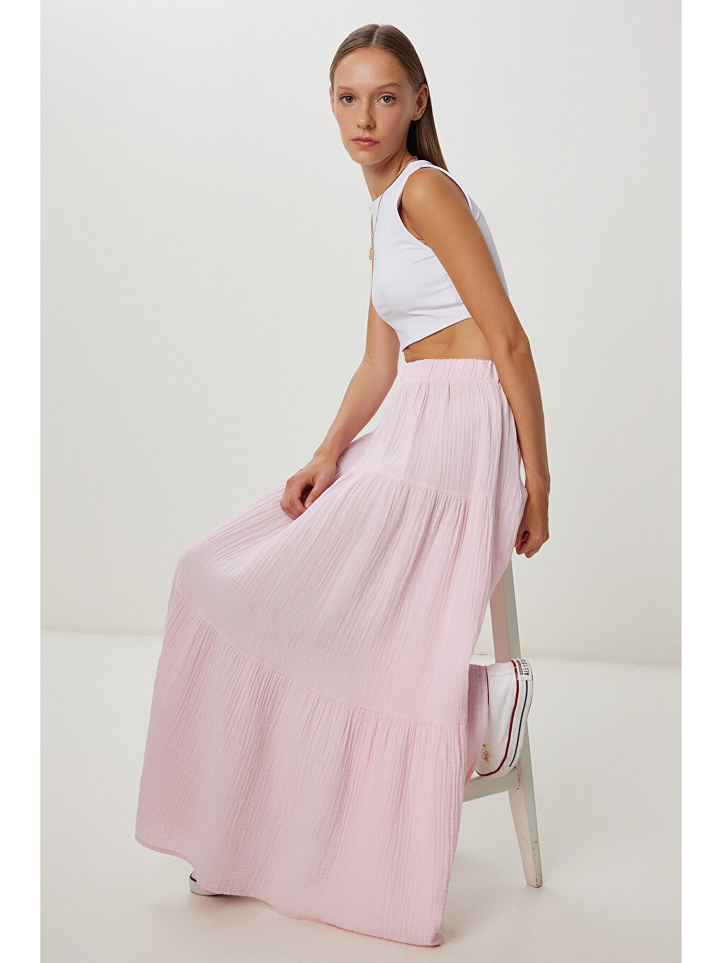 Pembe Volanlı Yazlık Keten Etek ŞEKER PEMBE LKT0005-2