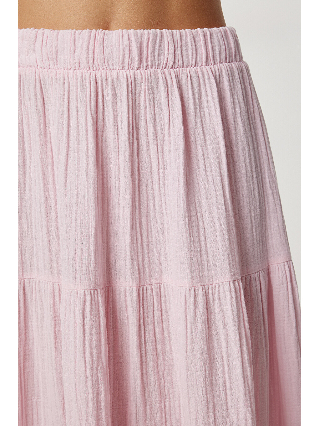 Pembe Volanlı Yazlık Keten Etek ŞEKER PEMBE LKT0005-3