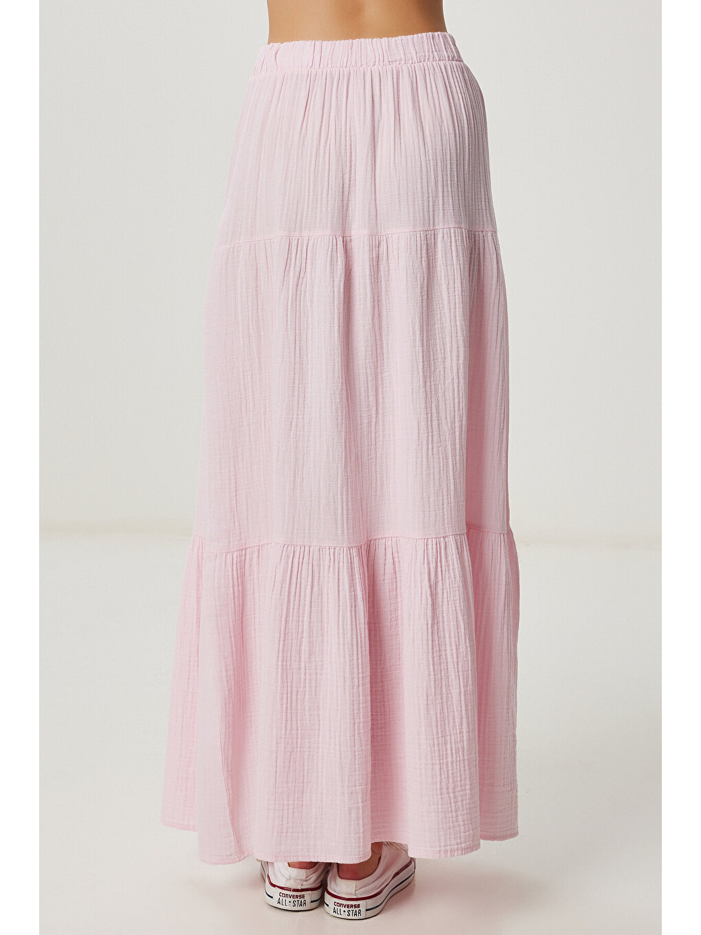 Pembe Volanlı Yazlık Keten Etek ŞEKER PEMBE LKT0005-4