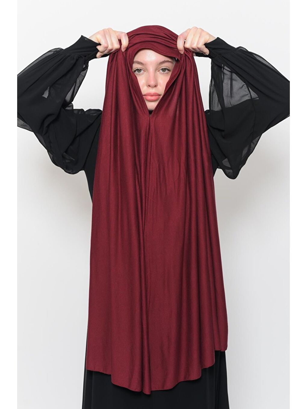 Bordo Hazır Pratik Geçmeli Lüks Organik Düz Penye Şal Eşit Hizalı