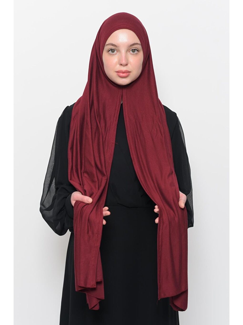 Bordo Hazır Pratik Geçmeli Lüks Organik Düz Penye Şal Eşit Hizalı-1