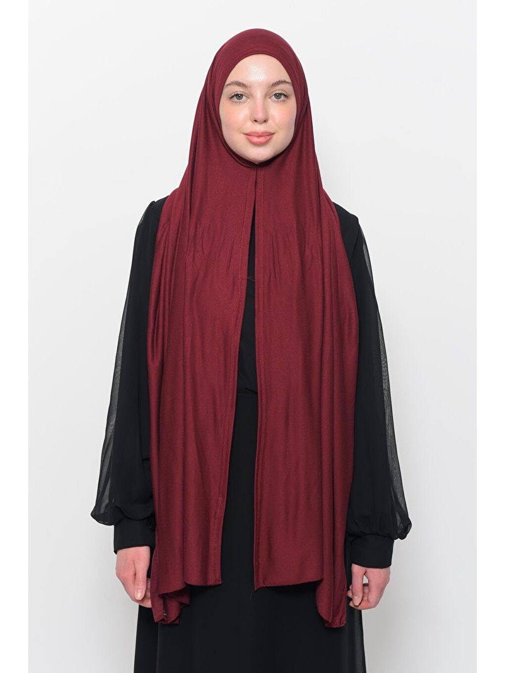 Bordo Hazır Pratik Geçmeli Lüks Organik Düz Penye Şal Eşit Hizalı-2