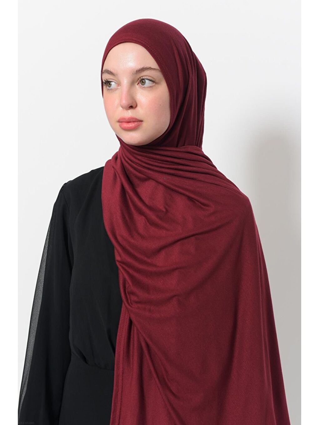 Bordo Hazır Pratik Geçmeli Lüks Organik Düz Penye Şal Eşit Hizalı-4