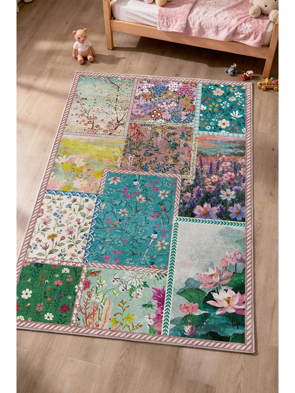 Pembe Modern Çocuk Halısı Kaymaz Tabanlı Makinede Yıkanabilir Çocuk Odası Halısı-2