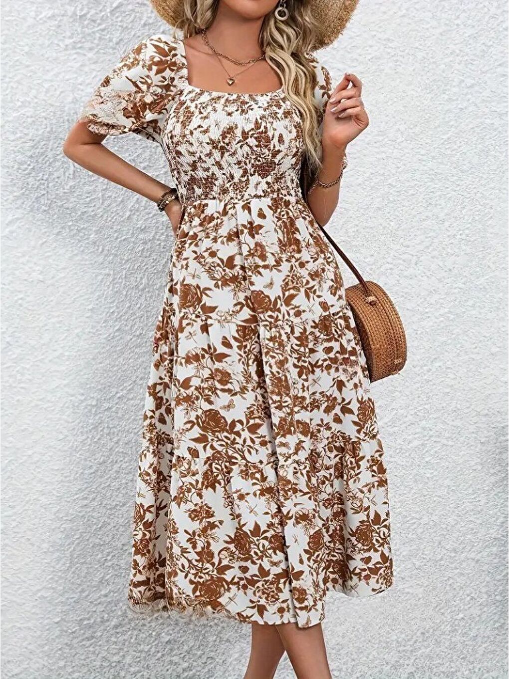 Kahverengi Kadın Kısa Kollu Kare Yakalı Lastikli Desenli Süprem Elbise-2