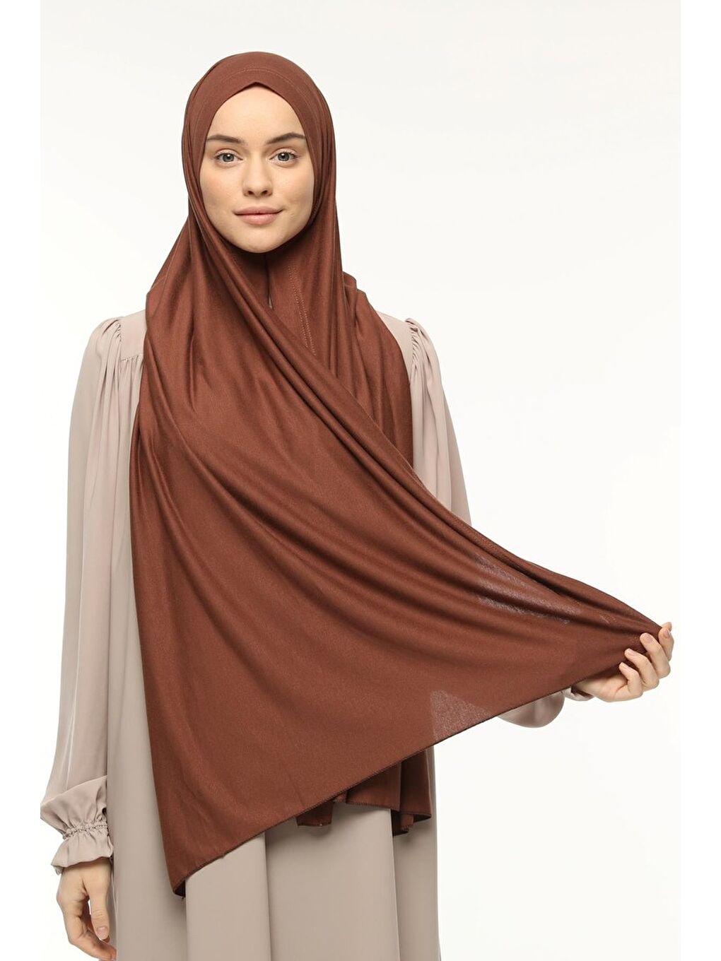 Kahverengi Hazır Pratik Geçmeli Lüks Organik Düz Penye Şal Eşit Hizalı-1