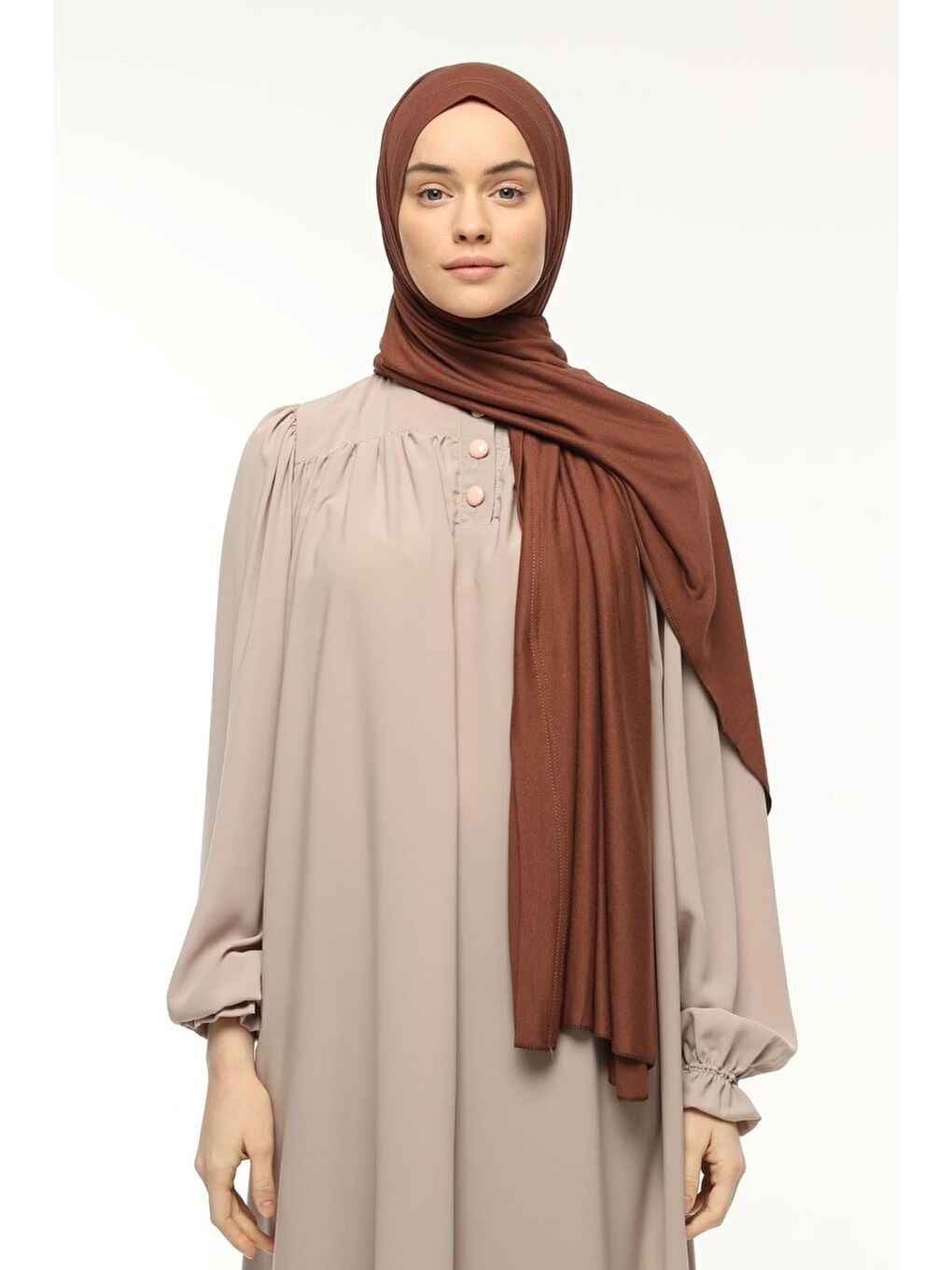 Kahverengi Hazır Pratik Geçmeli Lüks Organik Düz Penye Şal Eşit Hizalı-3