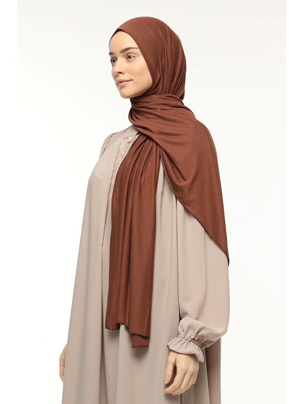 Kahverengi Hazır Pratik Geçmeli Lüks Organik Düz Penye Şal Eşit Hizalı-4