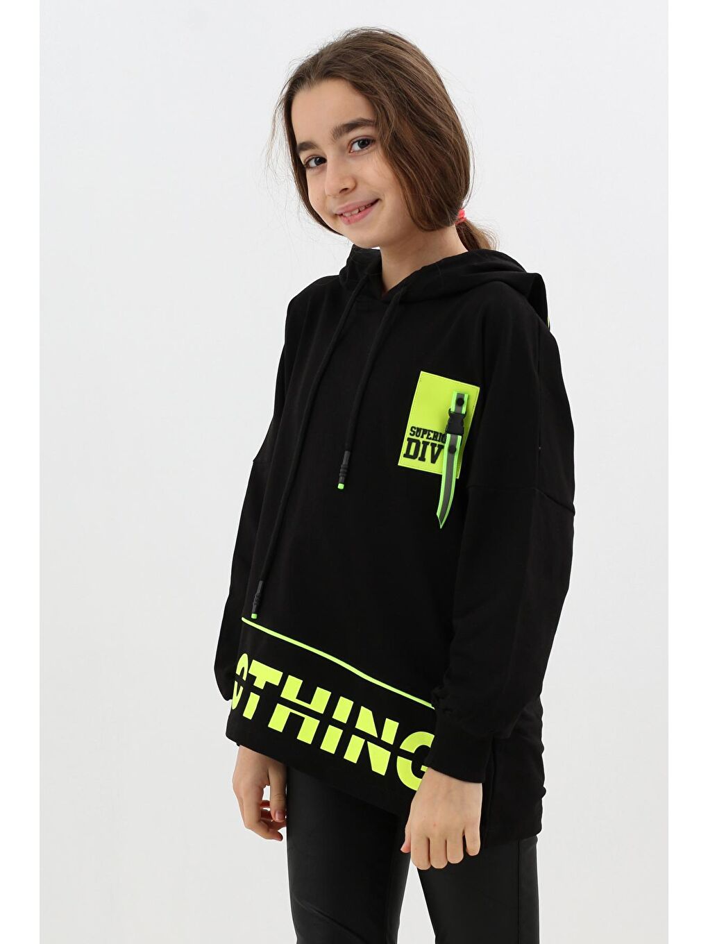 Siyah Kız Çocuk Div Yazı Baskılı Oversize Kapüşonlu Sweatshirt 14126