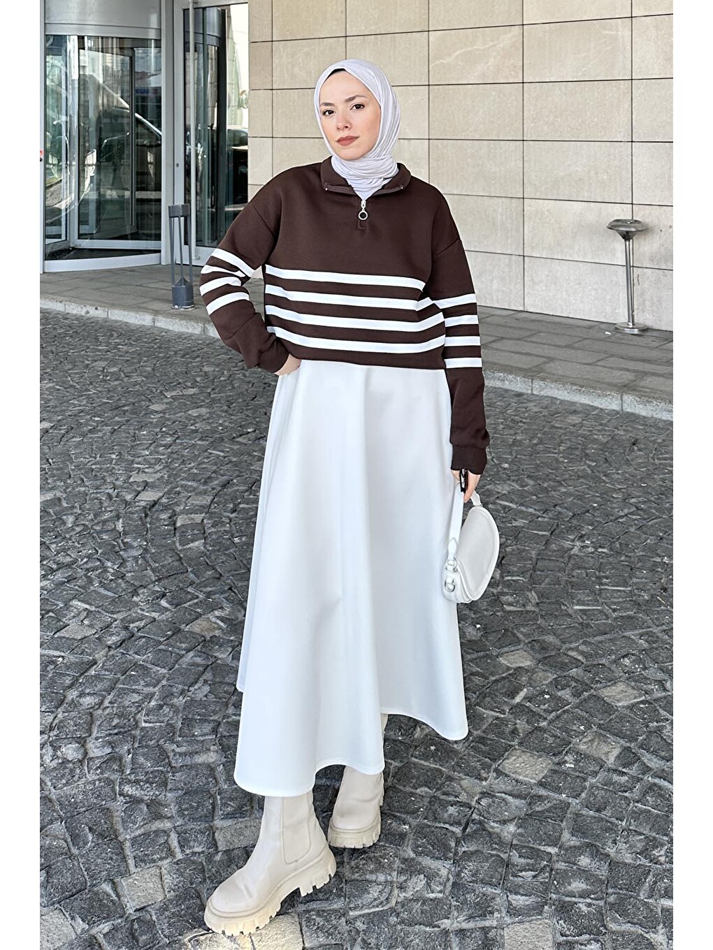 Yarım Fermuarlı Sweatshirt Tunik Acı Kahverengi
