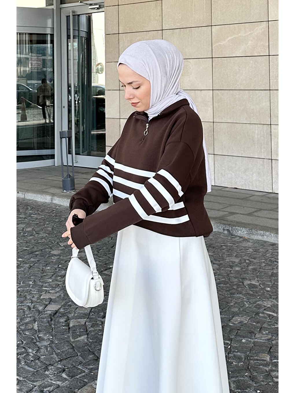 Yarım Fermuarlı Sweatshirt Tunik Acı Kahverengi-1