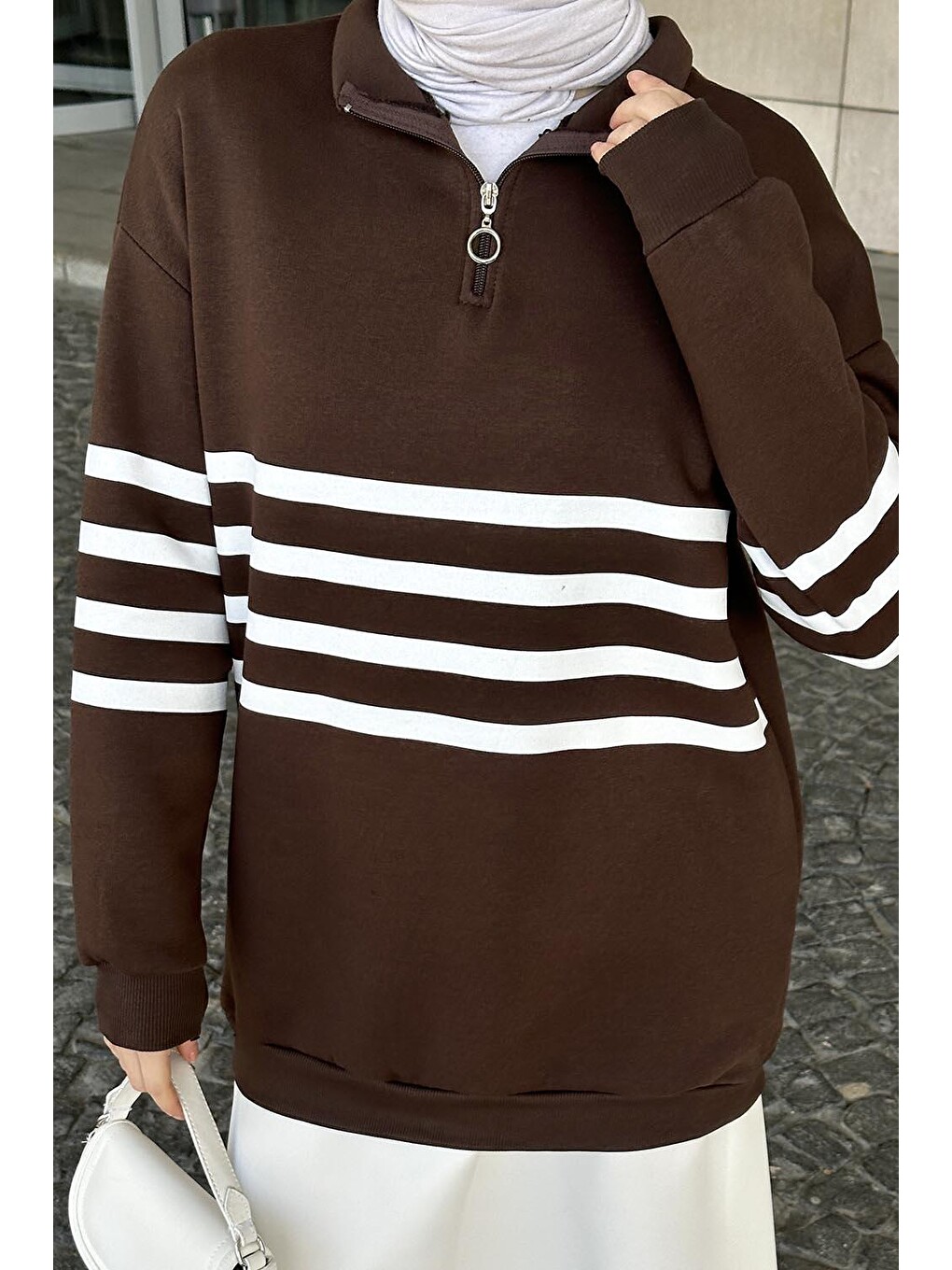Yarım Fermuarlı Sweatshirt Tunik Acı Kahverengi-2