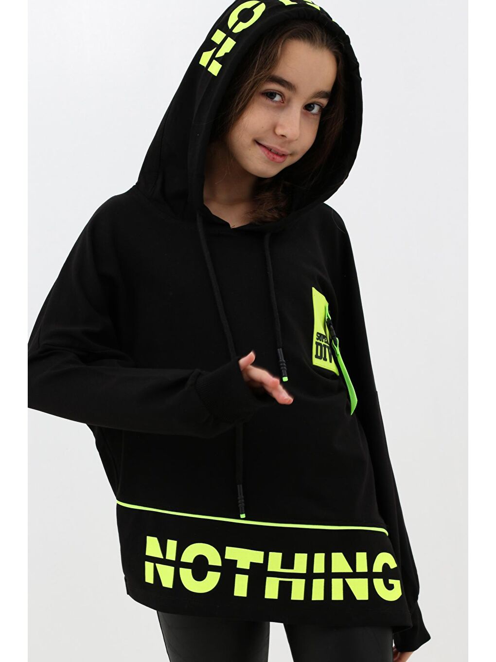 Siyah Kız Çocuk Div Yazı Baskılı Oversize Kapüşonlu Sweatshirt 14126-1
