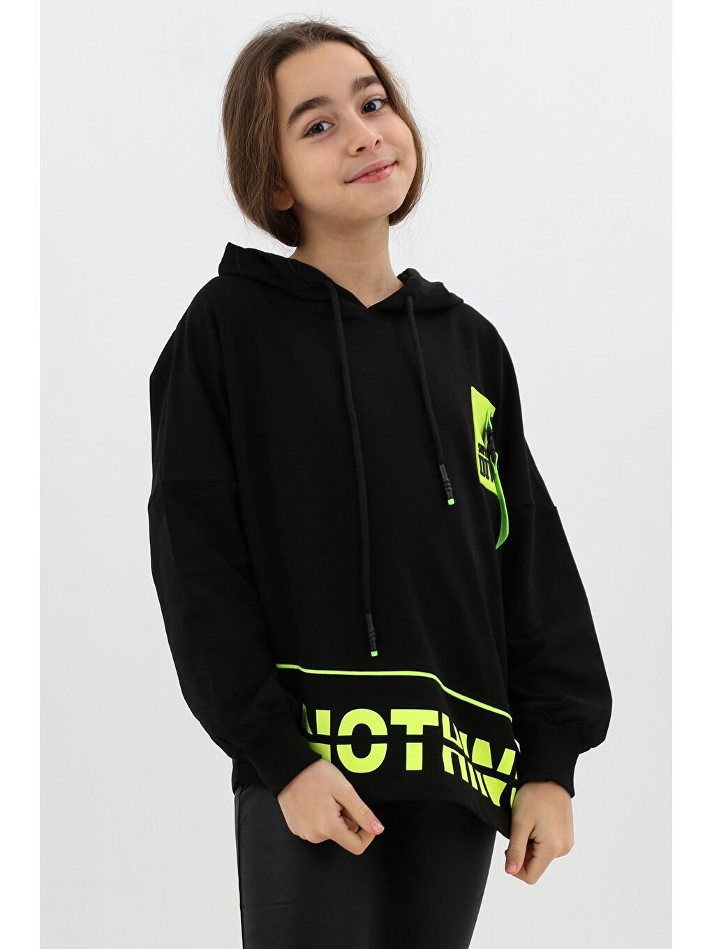 Siyah Kız Çocuk Div Yazı Baskılı Oversize Kapüşonlu Sweatshirt 14126-2