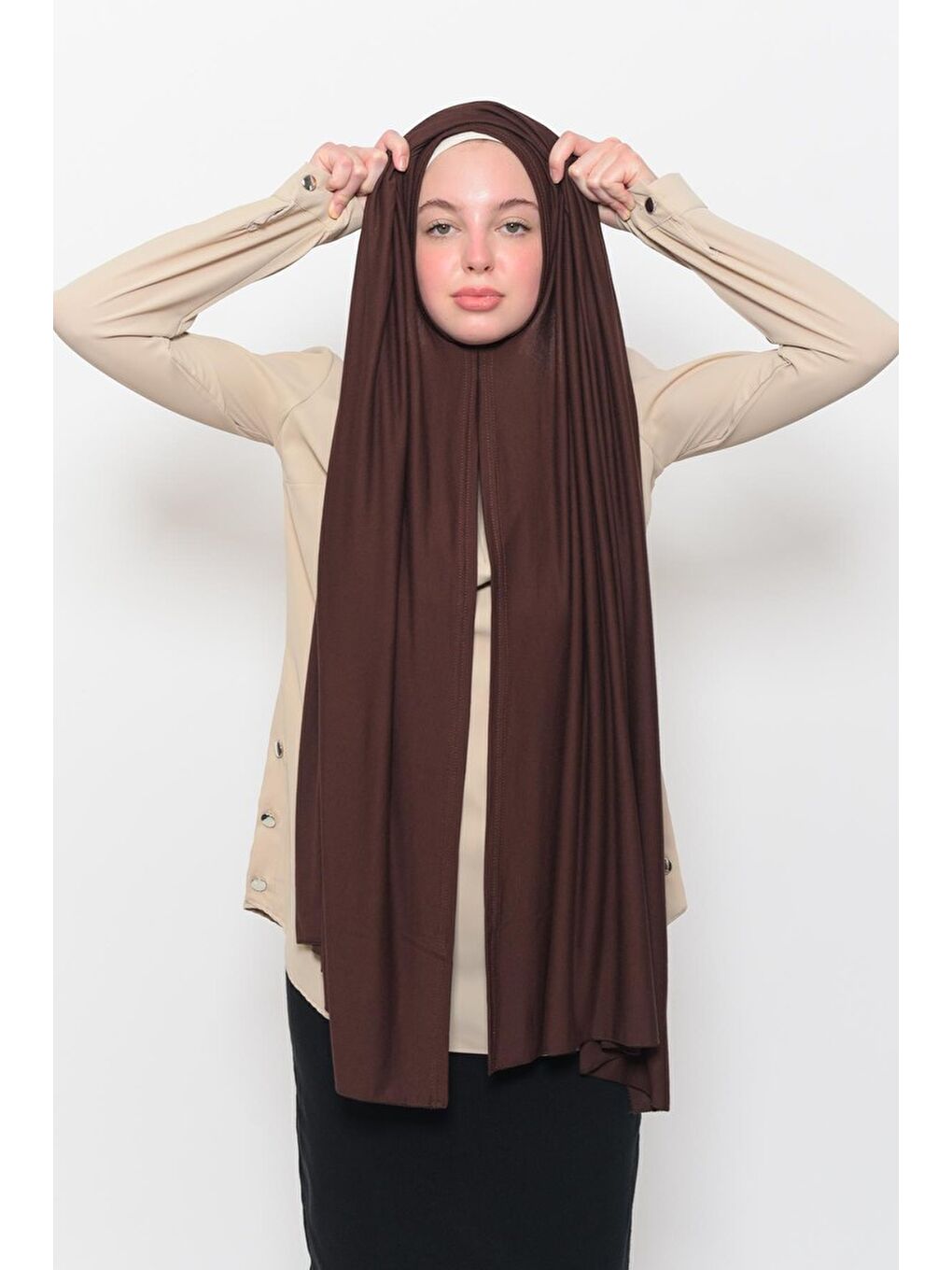 Kahverengi Hazır Pratik Geçmeli Lüks Organik Düz Penye Şal Eşit Hizalı