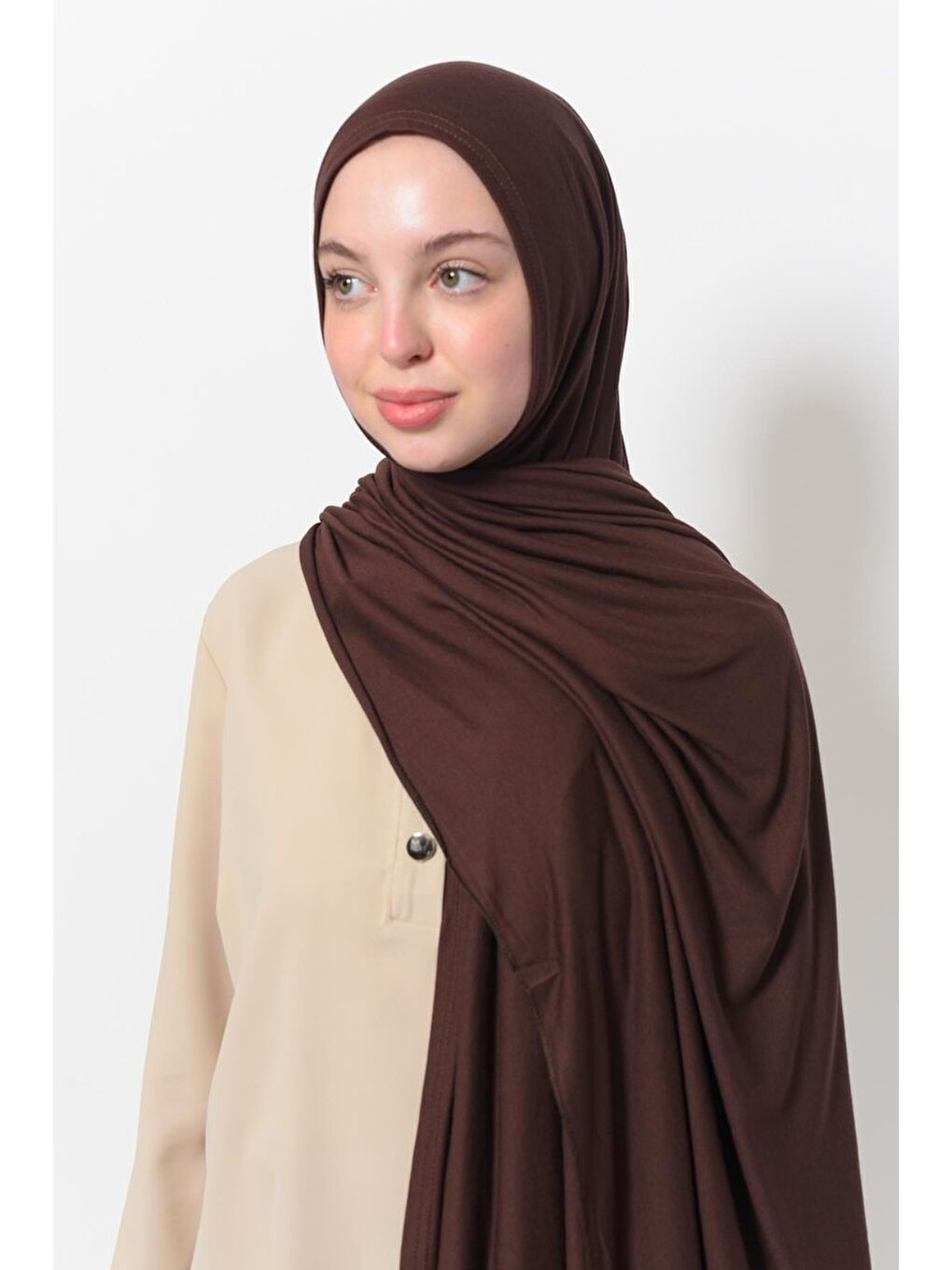 Kahverengi Hazır Pratik Geçmeli Lüks Organik Düz Penye Şal Eşit Hizalı-4