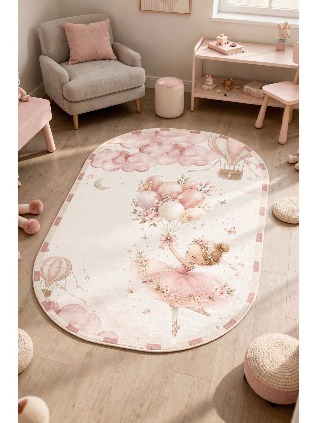 Pembe Modern Çocuk Halısı Kaymaz Tabanlı Makinede Yıkanabilir Çocuk Odası Halısı-1