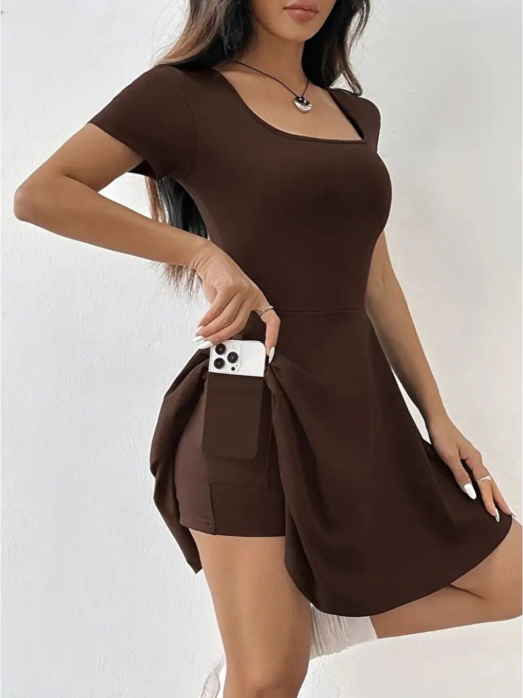 Kahverengi Kadın Kısa Kollu Kare Yaka Short Detaylı Cepli Dalgıç Elbise-3
