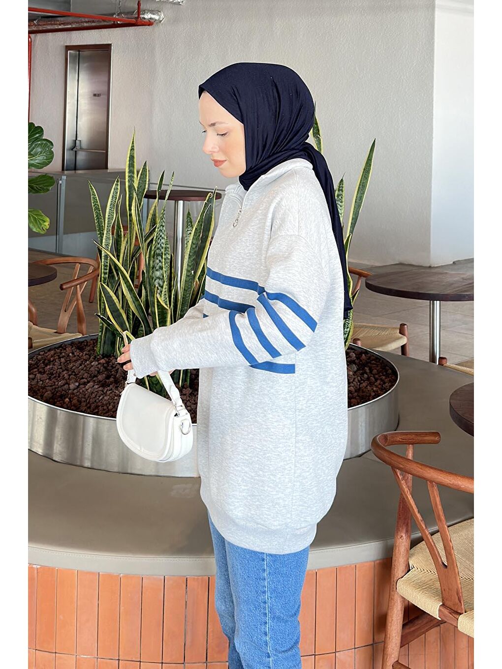 Yarım Fermuarlı Sweatshirt Tunik Gri-1