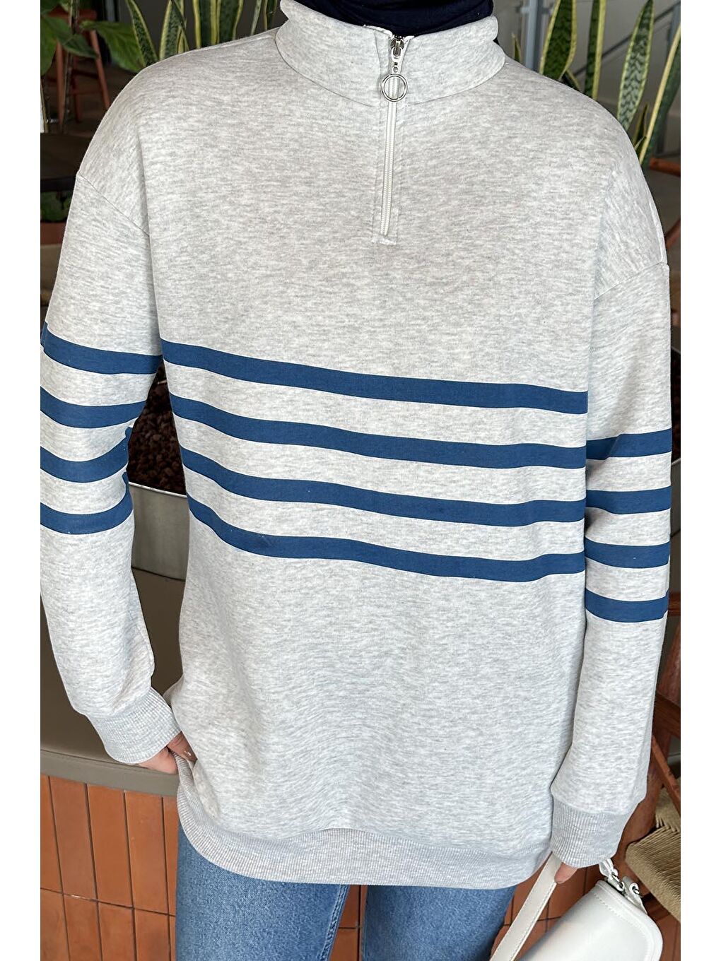 Yarım Fermuarlı Sweatshirt Tunik Gri-2
