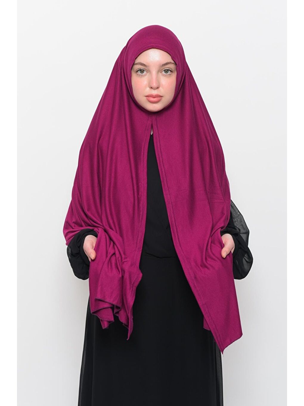 Fuşya Hazır Pratik Geçmeli Lüks Organik Düz Penye Şal Eşit Hizalı-1