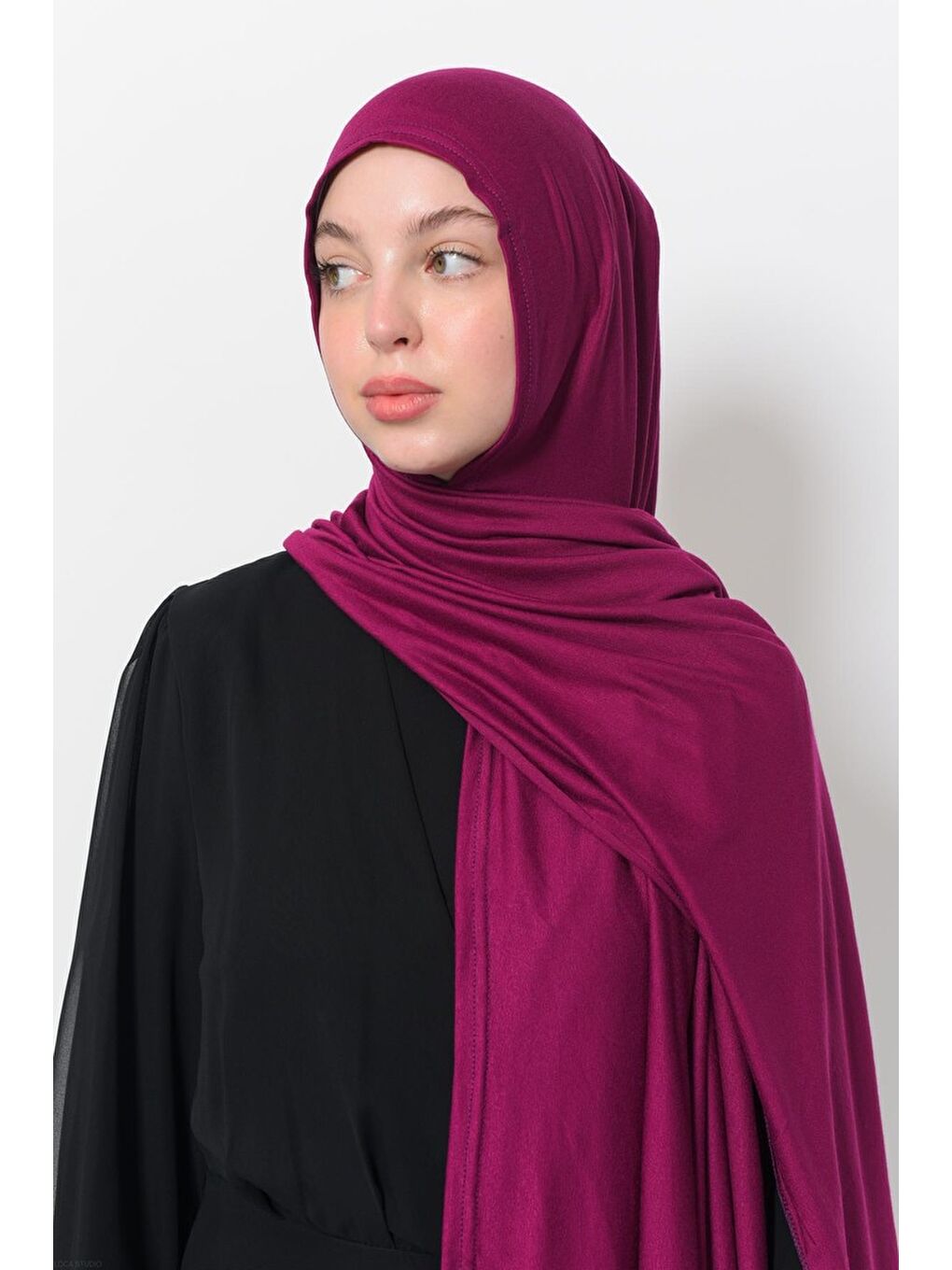 Fuşya Hazır Pratik Geçmeli Lüks Organik Düz Penye Şal Eşit Hizalı-4