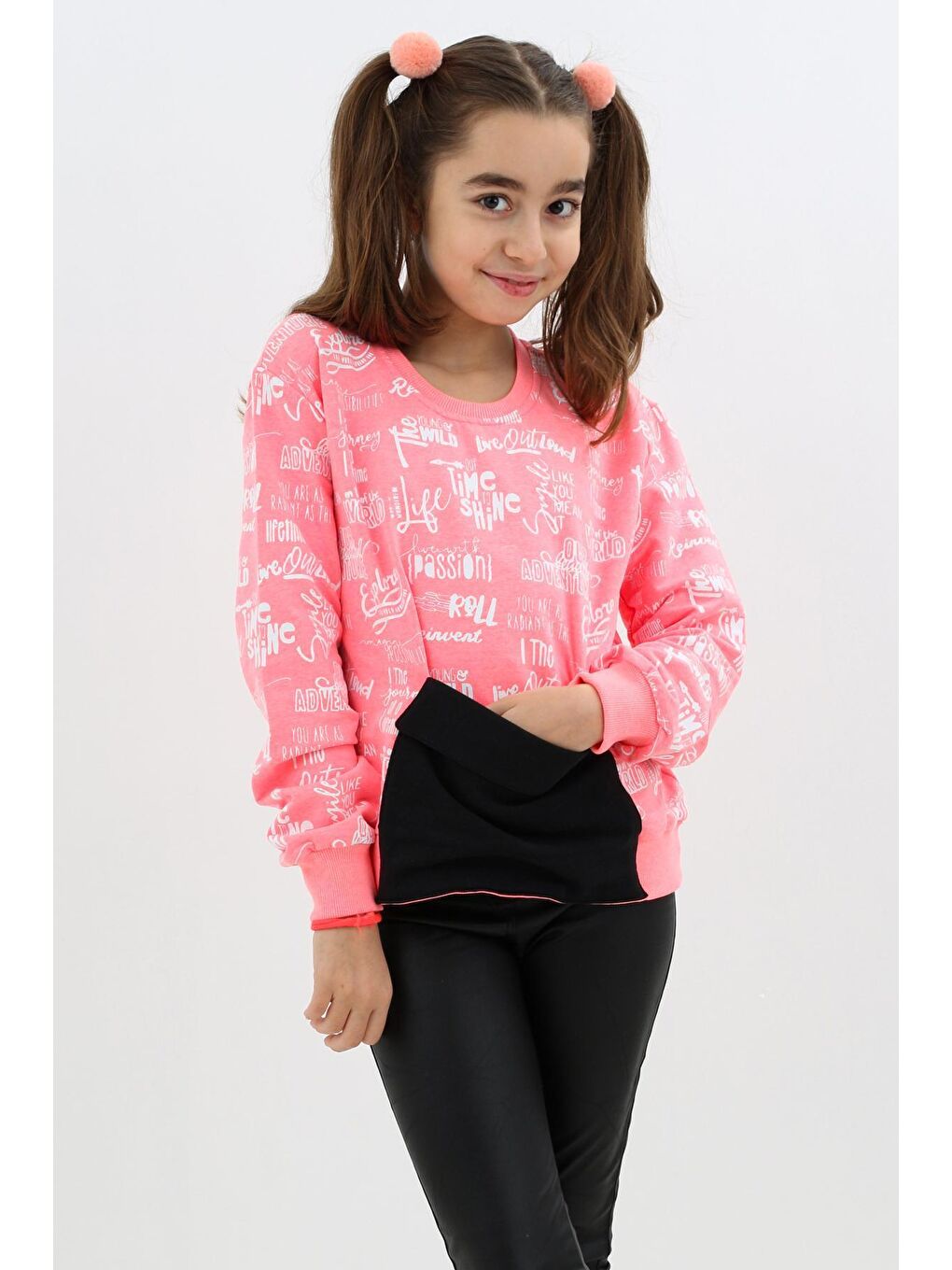 Pembe Kız Çocuk Yazı Baskılı Cepli Sweatshirt 9-14 Yaş 14122