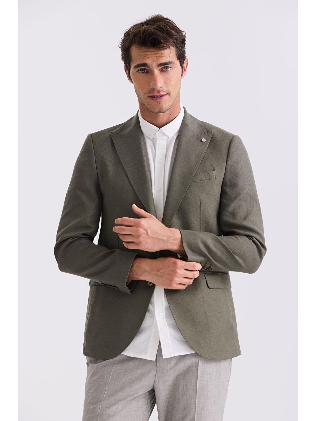 Yeşil Slim Fit Sivri Yaka Keten Spor Ceket