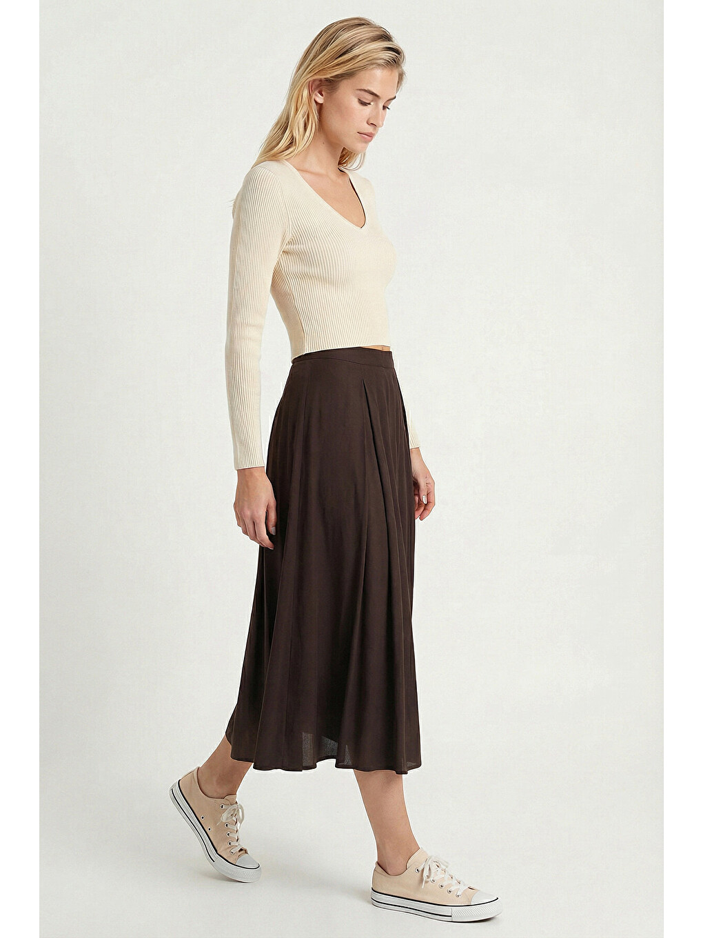 Kahverengi Yazlık Kloş Midi Dokuma Etek KAHVERENGİ LCR0110-1