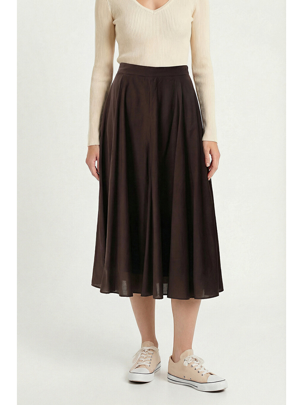 Kahverengi Yazlık Kloş Midi Dokuma Etek KAHVERENGİ LCR0110-2