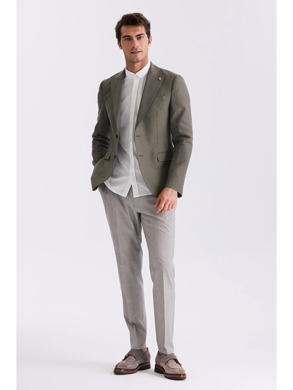 Yeşil Slim Fit Sivri Yaka Keten Spor Ceket-1