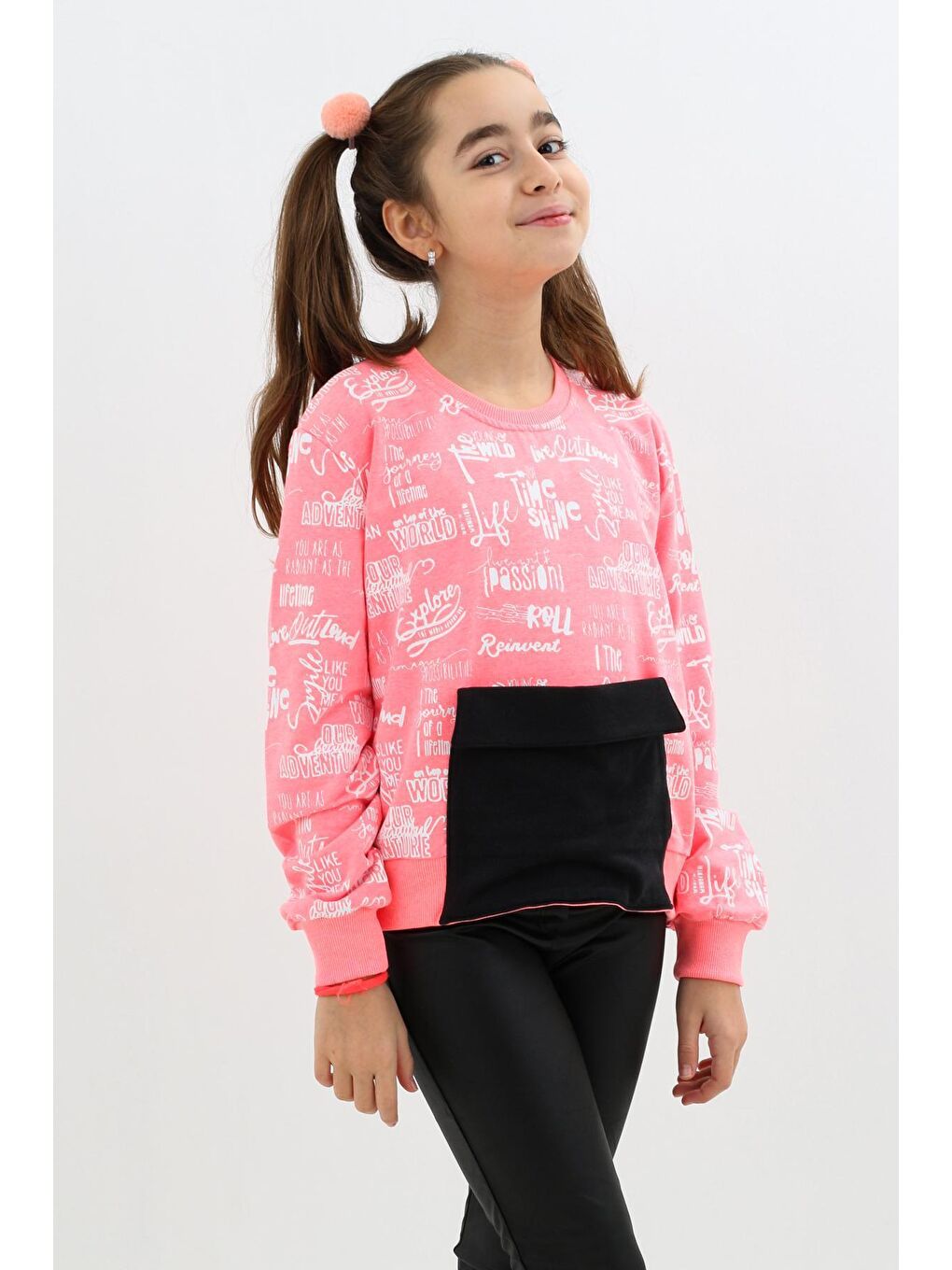 Pembe Kız Çocuk Yazı Baskılı Cepli Sweatshirt 9-14 Yaş 14122-1