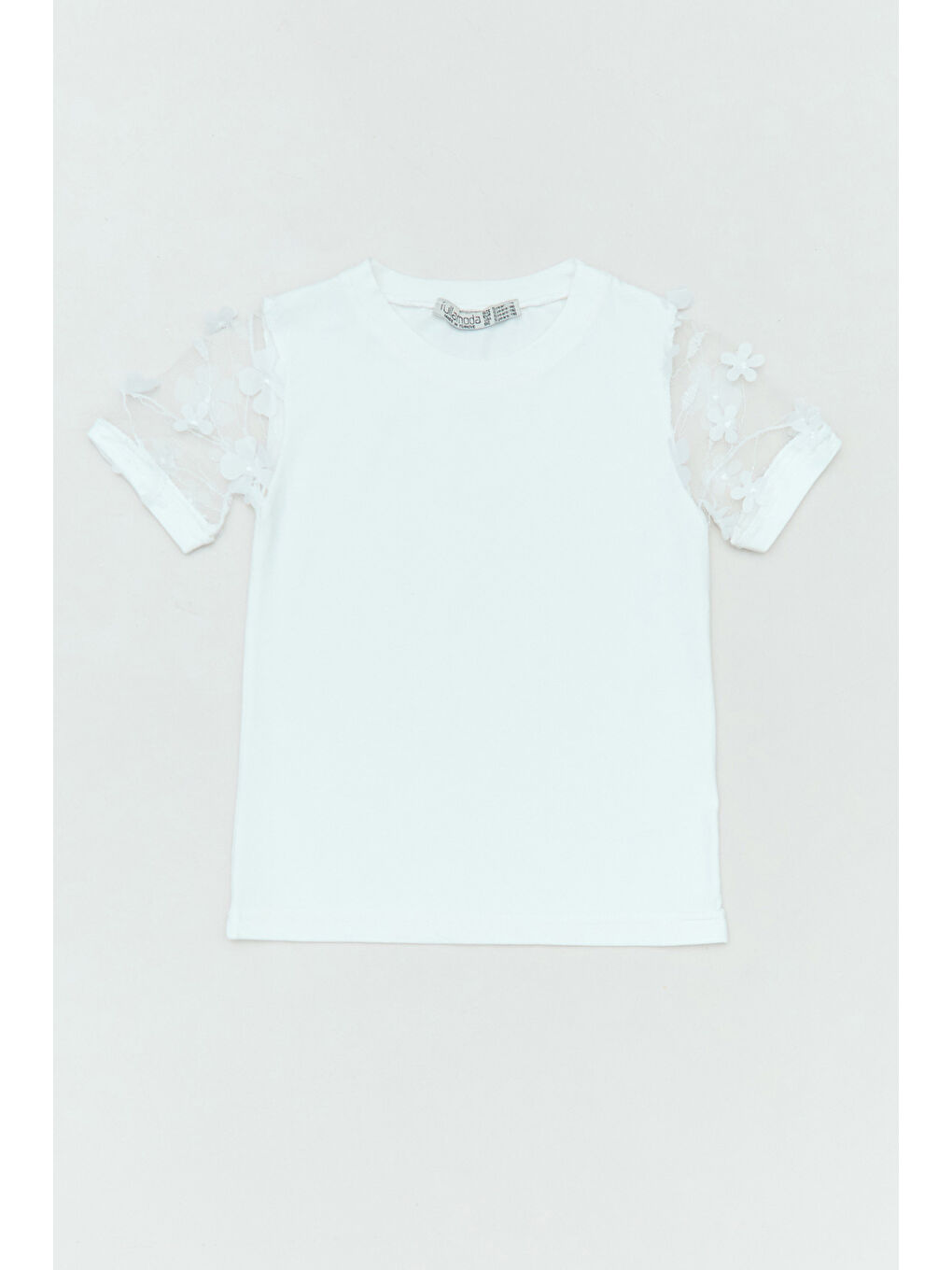Beyaz Kolları Dantelli Kız Çocuk Tişört-1