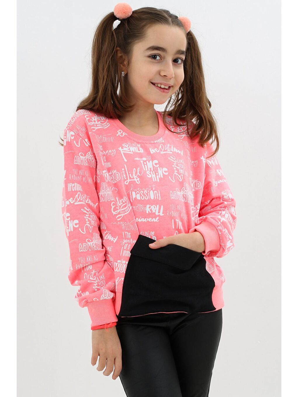 Pembe Kız Çocuk Yazı Baskılı Cepli Sweatshirt 9-14 Yaş 14122-2
