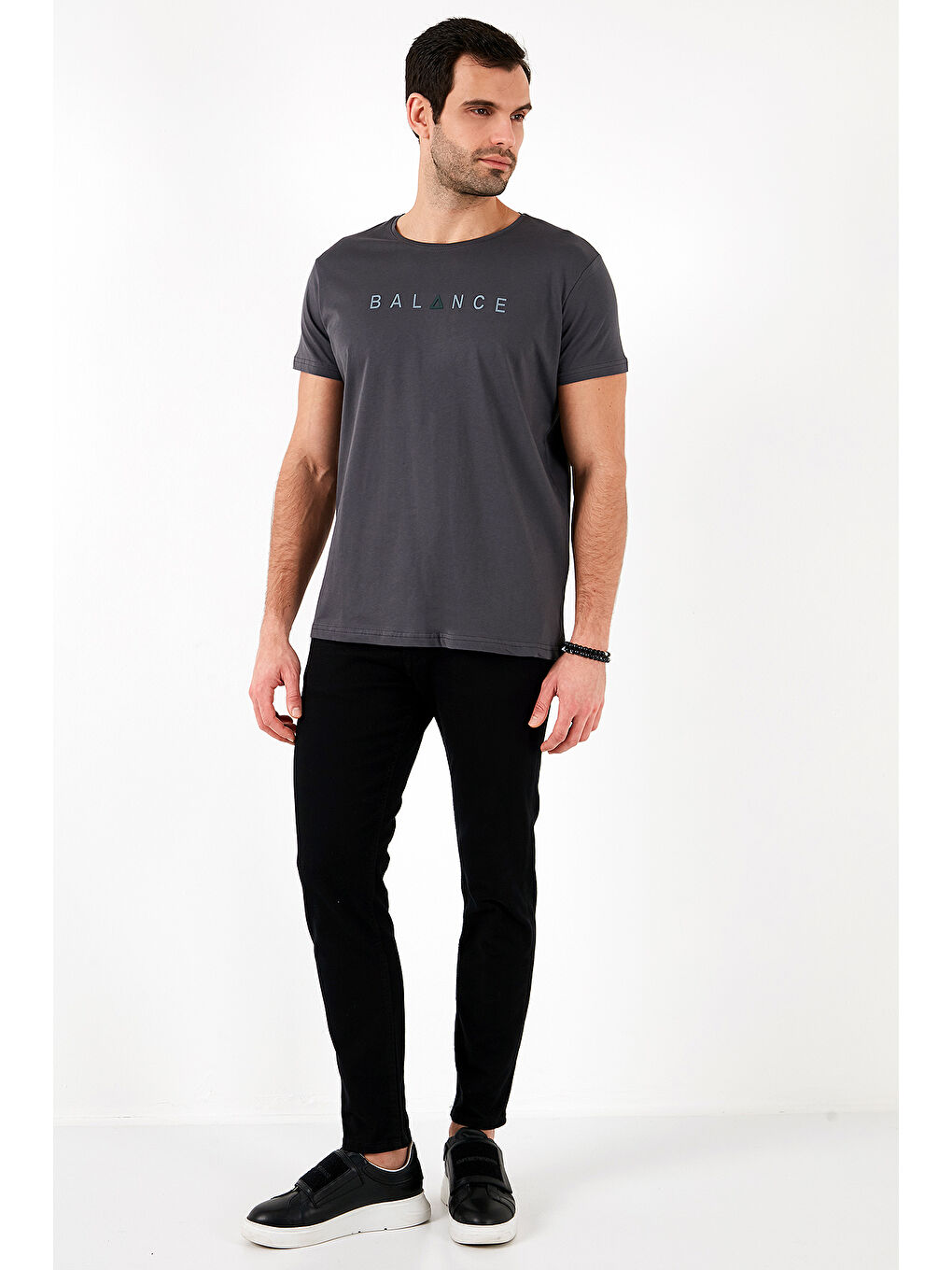 Gri Pamuklu Slim Fit Bisiklet Yaka Erkek %100 Pamuk Tişört 541BALANCE-1