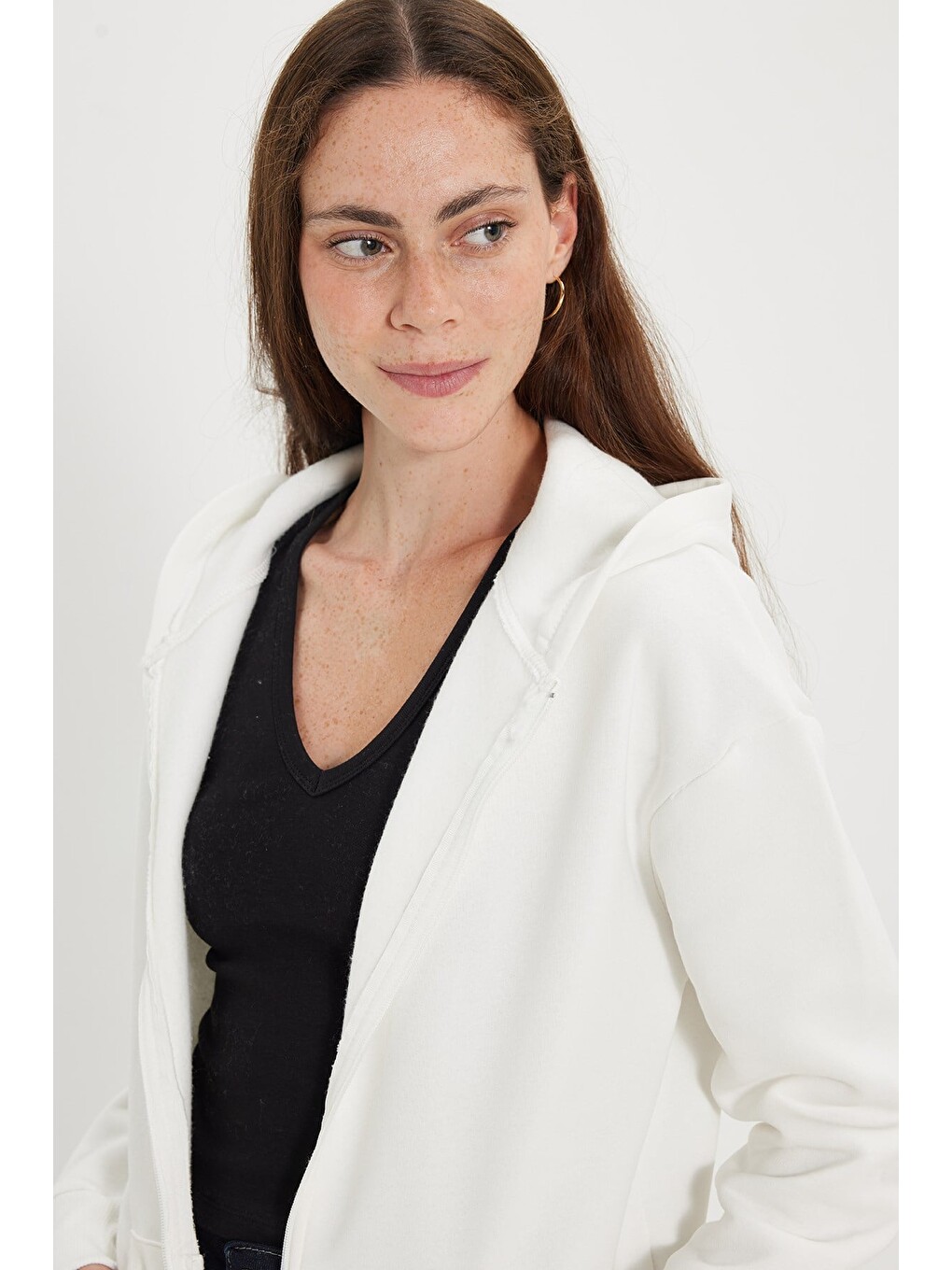 Kadın oversize Geniş Kesim %100 Pamuk Kapüşonlu Fermuarlı Cepli Ekru Sweatshirt-2