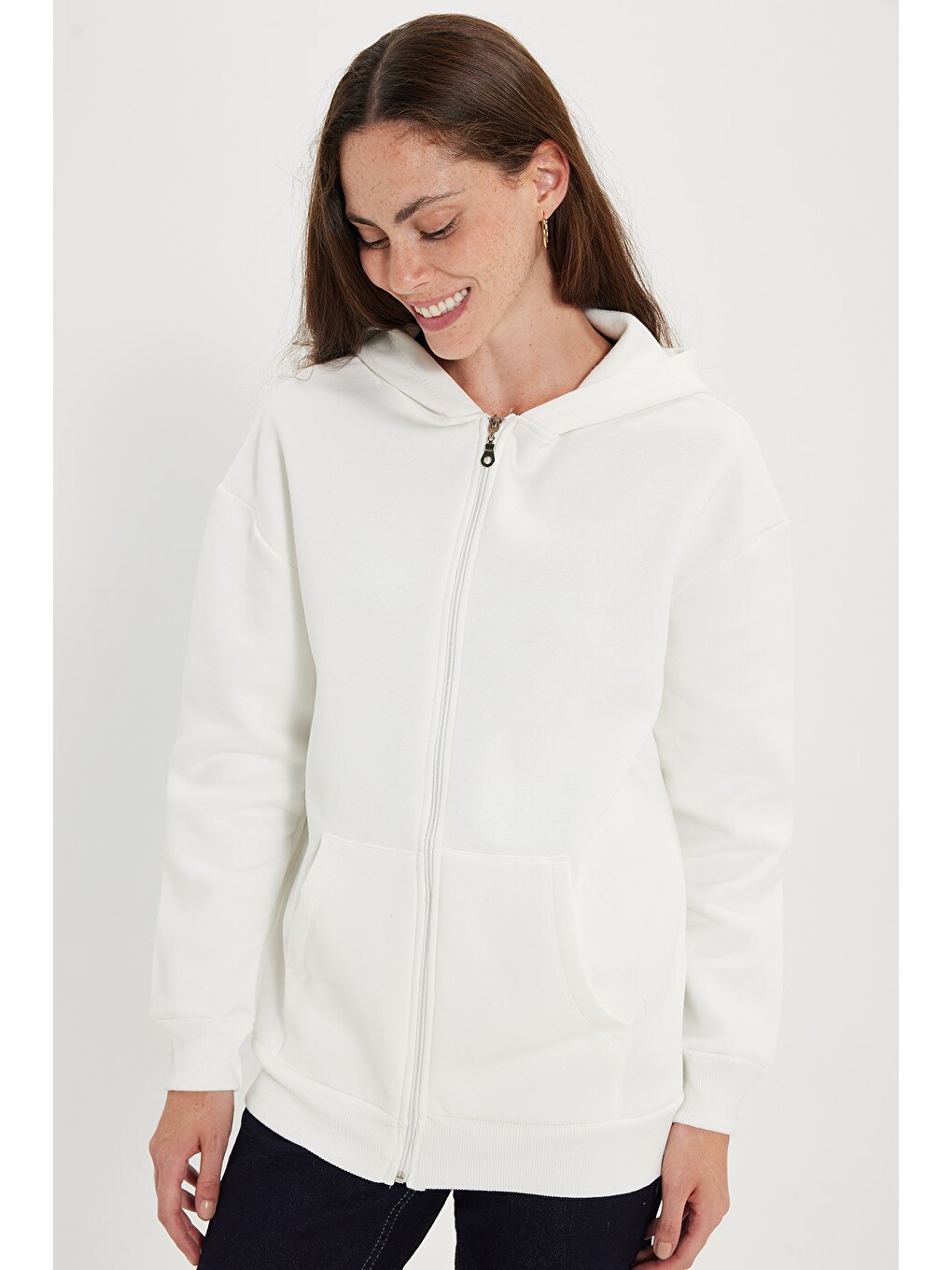Kadın oversize Geniş Kesim %100 Pamuk Kapüşonlu Fermuarlı Cepli Ekru Sweatshirt-3