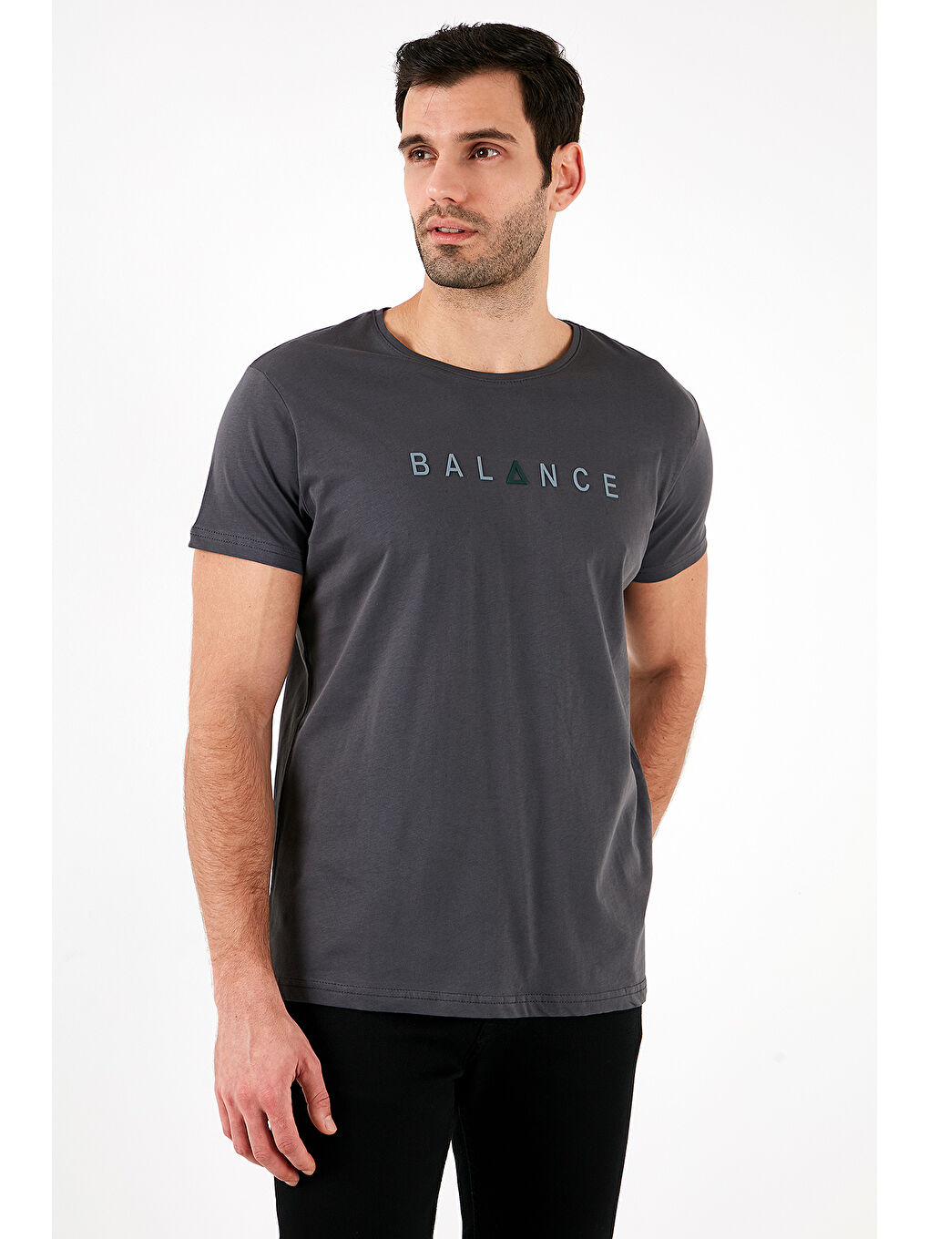 Gri Pamuklu Slim Fit Bisiklet Yaka Erkek %100 Pamuk Tişört 541BALANCE-5